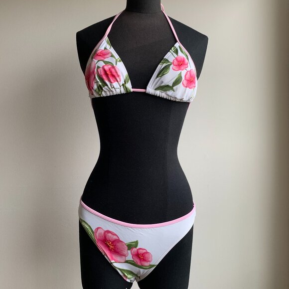 Billabong surf BLUE CRUSH era Vintage White & pink floral triangle set RARE - Picture 2 of 7